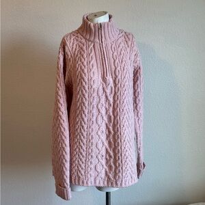 Aran Crafts Light Pink Cable Knit Turtleneck Sweater Merino Wool